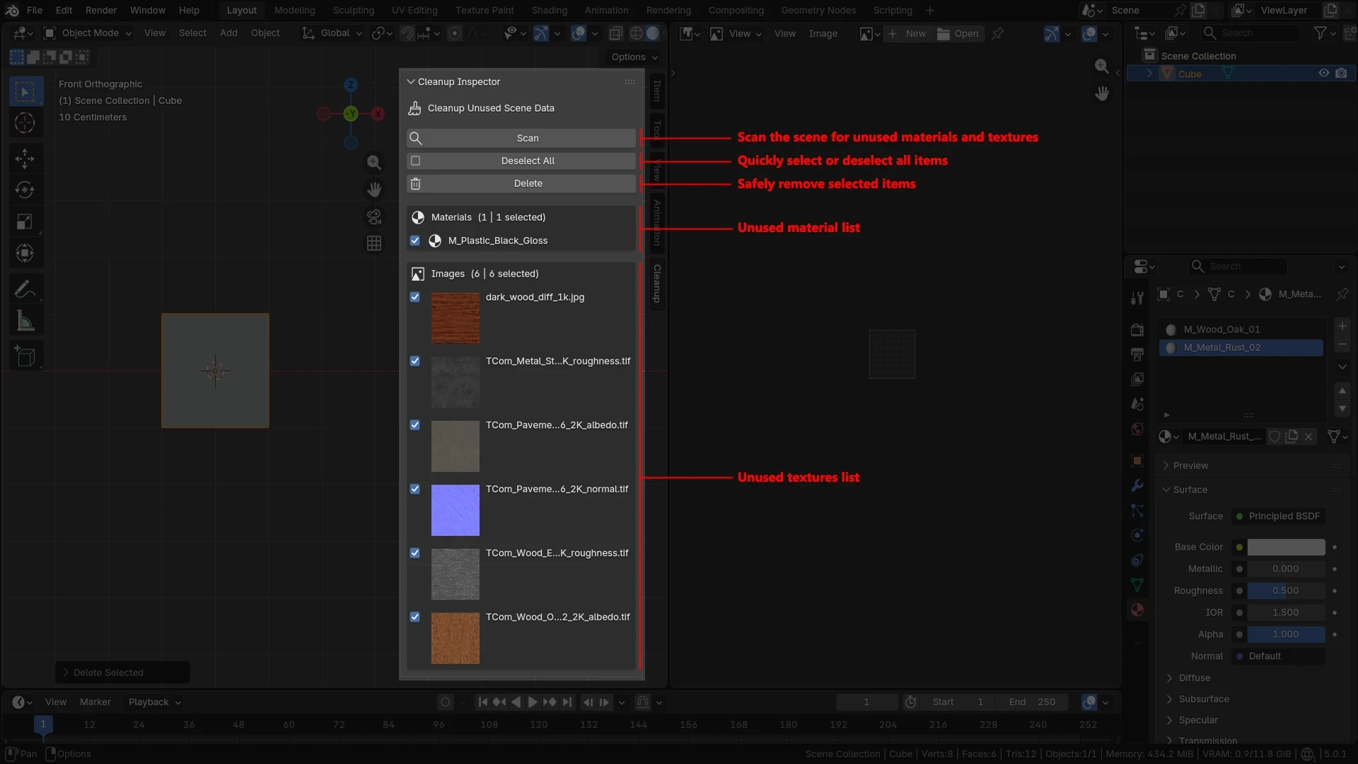 Interfaz de Cleanup Inspector dentro de Blender