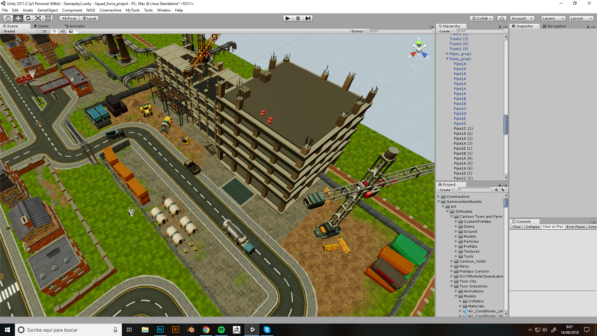 Captura del desarrollo de un escenario industrial en Unity