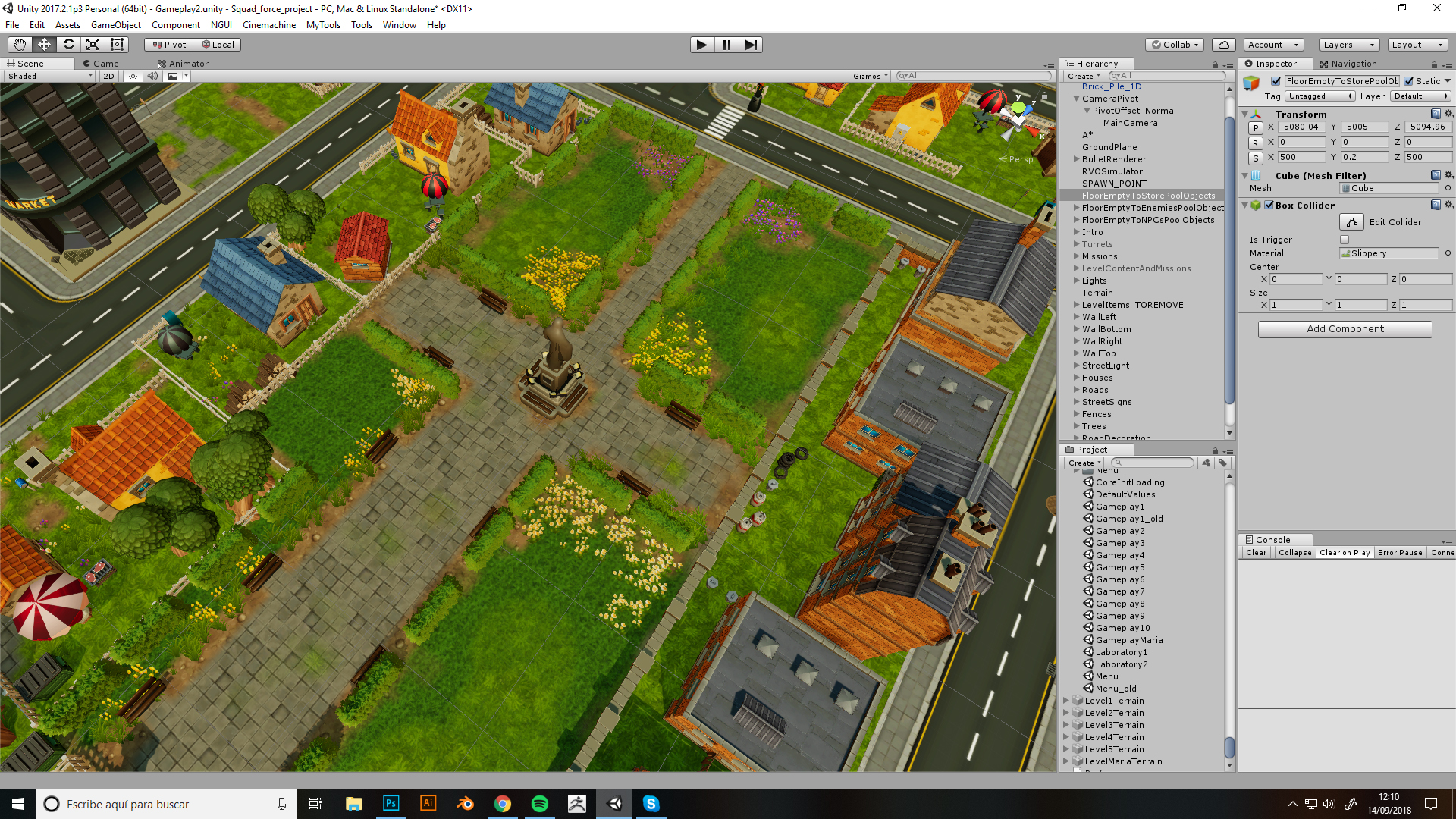 Captura del desarrollo de una plaza urbana en Unity